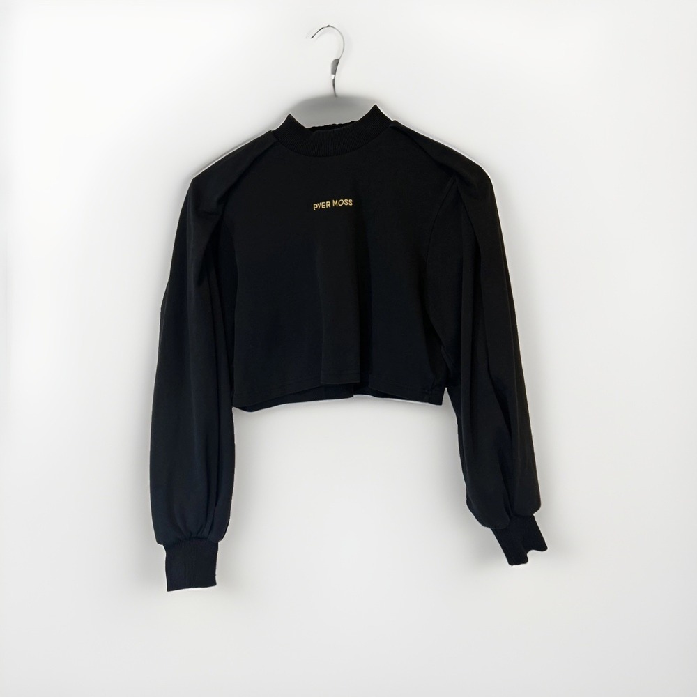 Pyer Moss Cropped Logo Mock Neck Sweatshirt‎ Women S Black Pleat Shoulder Cotton